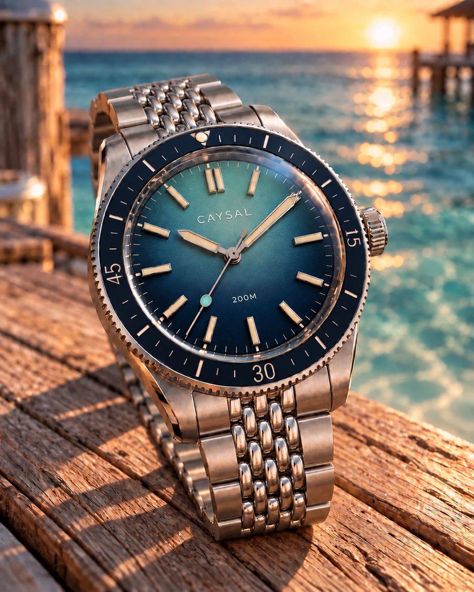 The Harbour in Exuma: a dial shading from sea glass to navy inside a navy bezel, on a steel bracelet, standing on a weathered wooden pier with the sea at sunset behind.