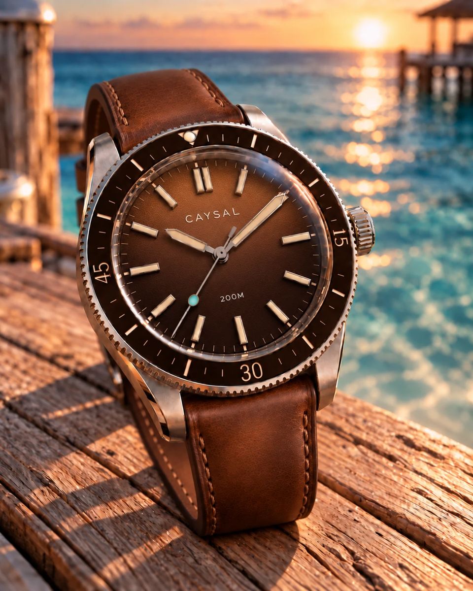 The Harbour in Havana: a brown dial inside a brown bezel, on a tan leather strap, standing on a weathered wooden pier with the sea at sunset behind.