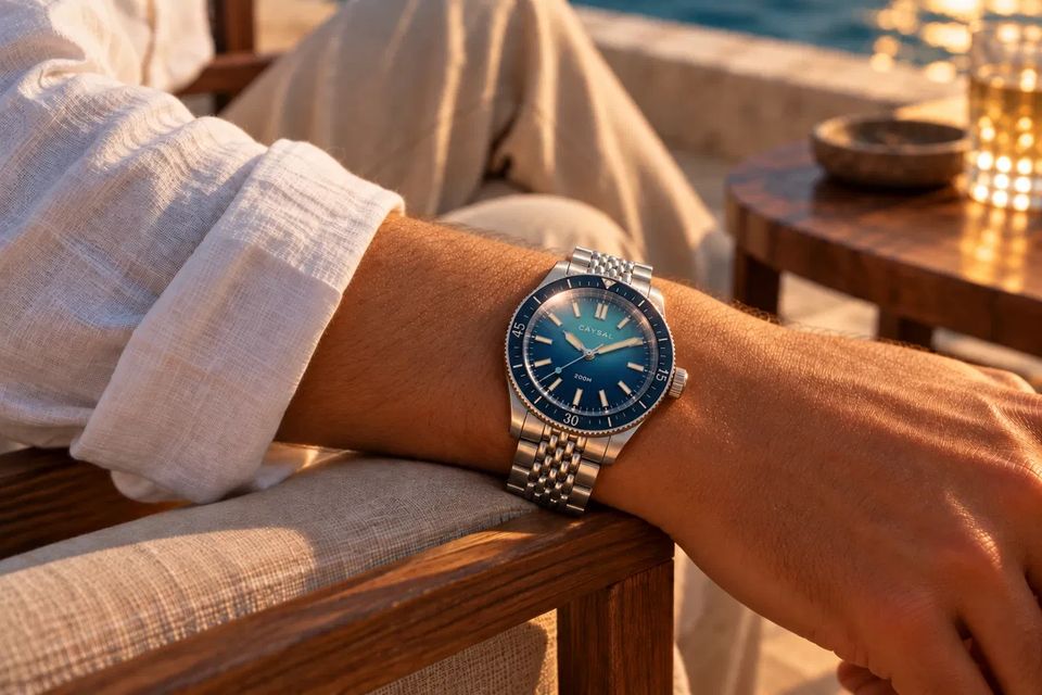 The Harbour in Exuma, its blue dial on a steel bracelet, worn on a wrist resting on a wooden armchair beside a rolled linen sleeve, with the sea and a sunlit table behind.